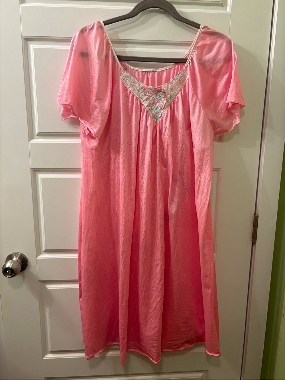 Vintage Grandma‎ Coral Pink Satin Nightdress with Embroidered Trim